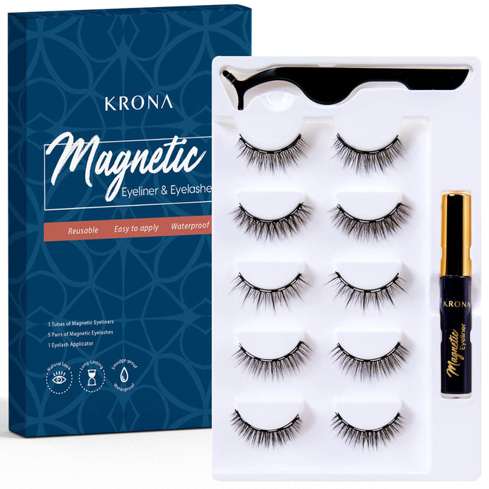 KRONA Magnetic Eyelashes Kit - 1 Tube Of Magnetic Eyeliner & 5 Pairs Of Reusable Falsies With Tweezer